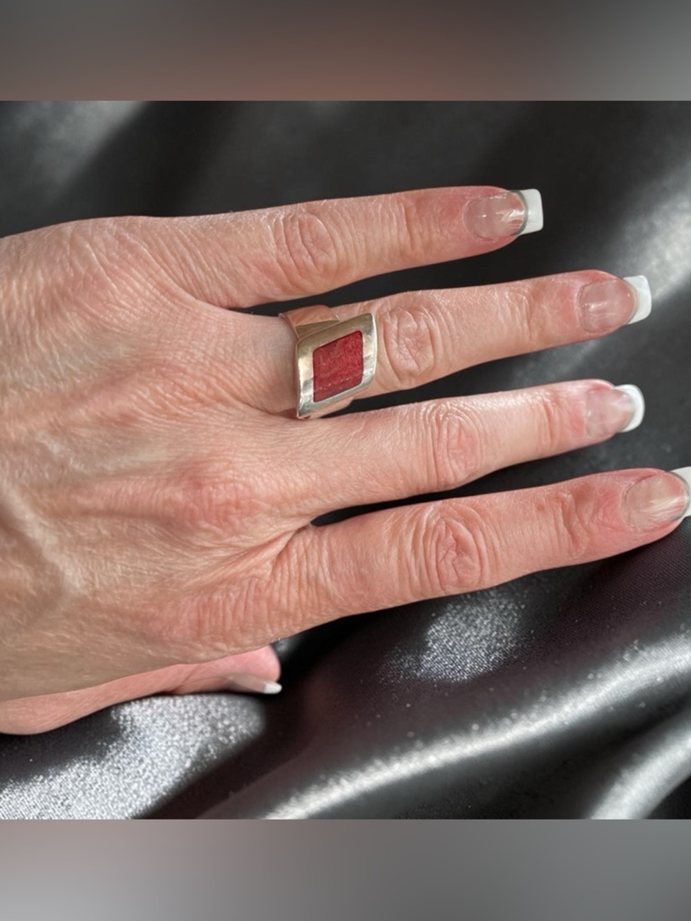 Deep Red Coral Geometric Wide Band Ring Size 7.5 Statement Modern Vintage